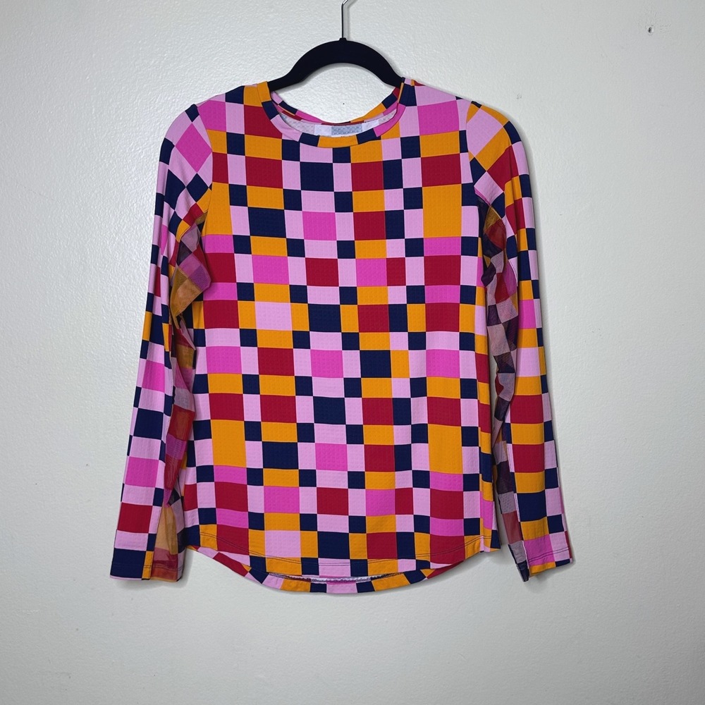 IBKUL Multicolor Checkered Mesh Panel UPF 50+ Vented Long Sleeve Top size Small